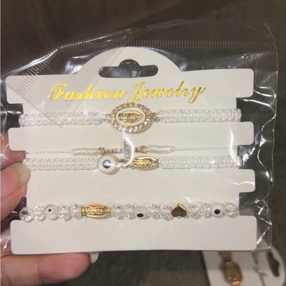 Fashion Jewelry White and Gold 3-Piece Bracelet Set with Beads and Charms